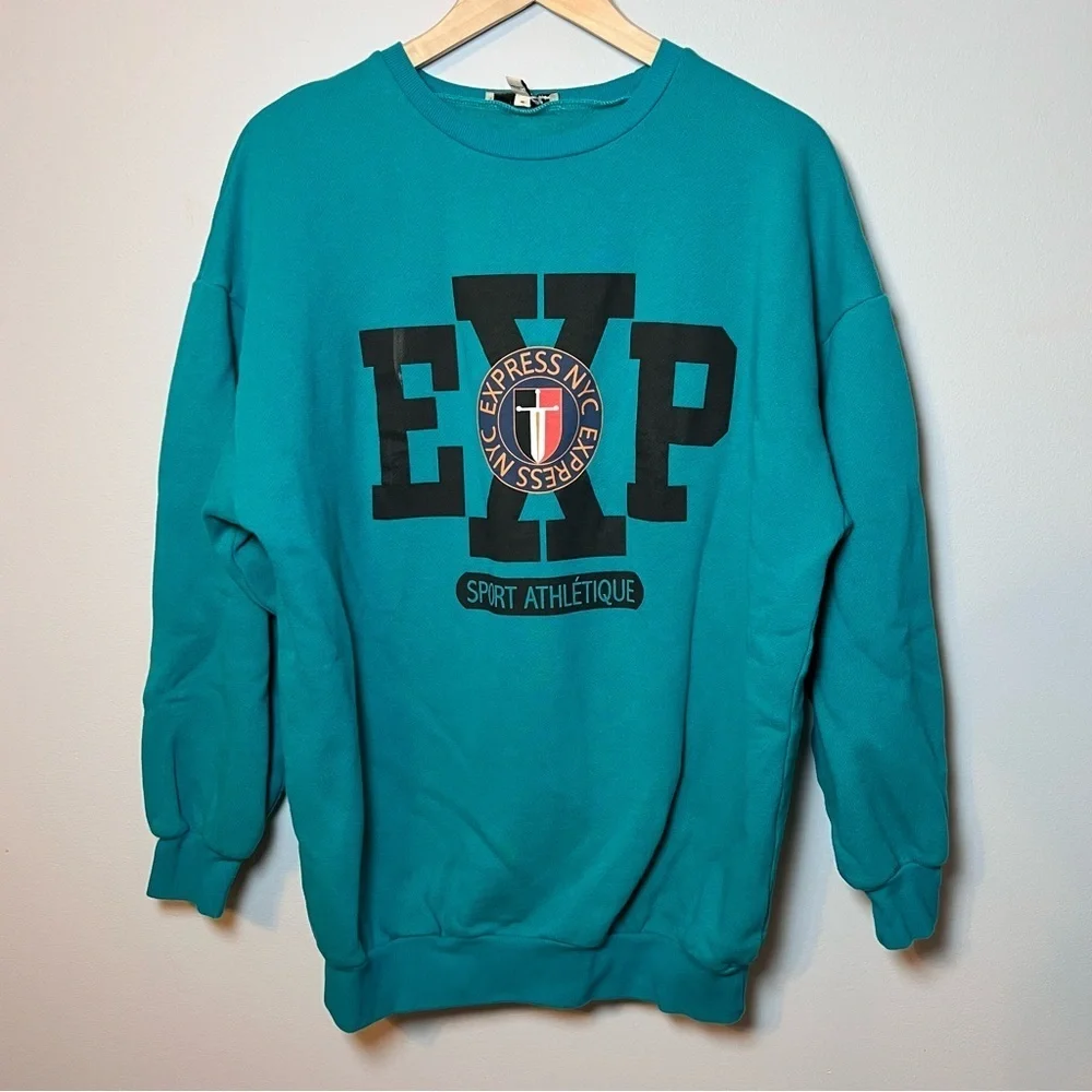Express One Eleven Crewneck Men’s XS Oversized Teal Graphic Retro Sweatshirt